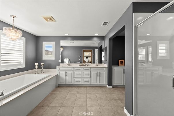 Bathroom, Chandelier, Dual Sink Vanities, Interior, Recessed Lighting