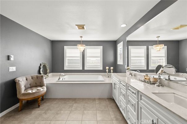 Bathroom, Chandelier, Dual Sink Vanities, Interior, Recessed Lighting