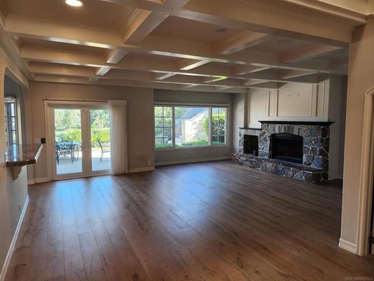 Empty room, Fireplace, Interior, Recessed Lighting, Wood Texture Flooring