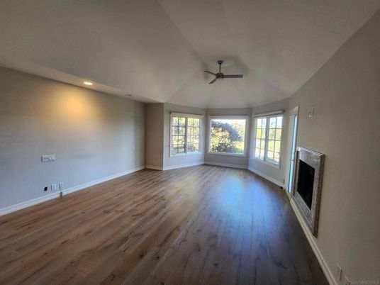 Empty room, Fireplace, Interior, Recessed Lighting, Wood Texture Flooring