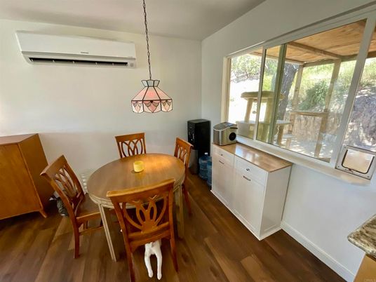Dining room, Interior, Pendant Lights, Wood Texture Flooring