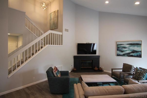 Fireplace, Interior, Living room, Recessed Lighting, Wood Texture Flooring