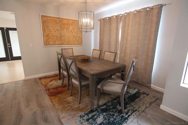 Dining room, Interior, Pendant Lights, Wood Texture Flooring