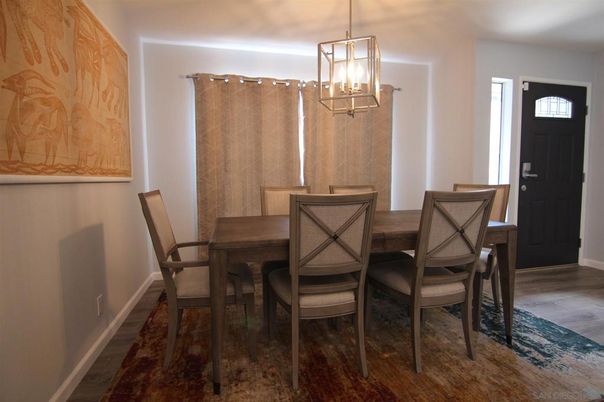 Dining room, Interior, Pendant Lights, Wood Texture Flooring