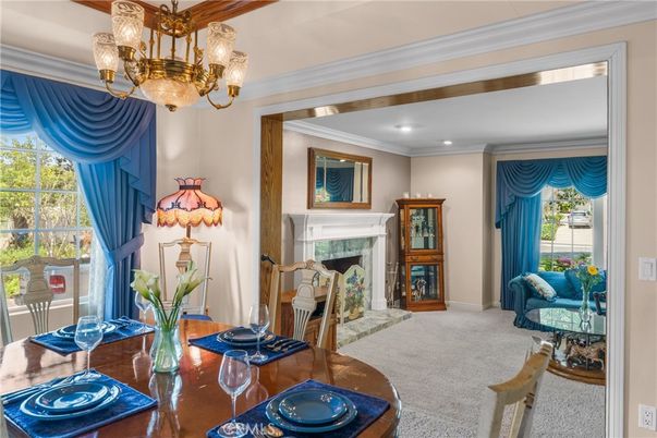 Chandelier, Dining room, Fireplace, Interior, Recessed Lighting