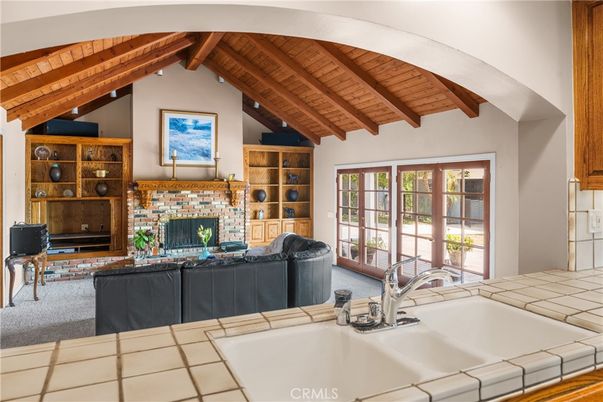 Fireplace, Interior, Kitchen, Living room, Tile Countertops, Wooden Beams, Wooden Ceilings