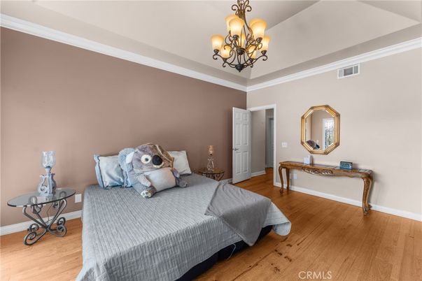 Bedroom, Chandelier, Interior, Wood Texture Flooring
