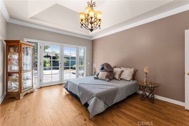 Bedroom, Chandelier, Interior, Wood Texture Flooring