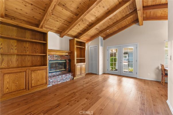 Empty room, Fireplace, Interior, Wooden Beams, Wooden Ceilings, Wood Texture Flooring