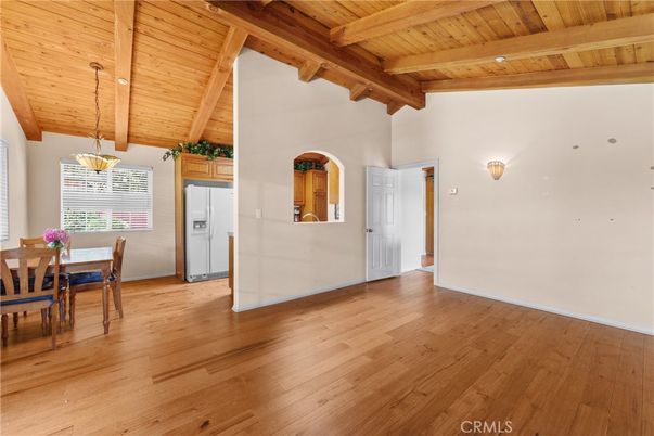 Dining room, Interior, Pendant Lights, Wooden Beams, Wooden Ceilings, Wood Texture Flooring