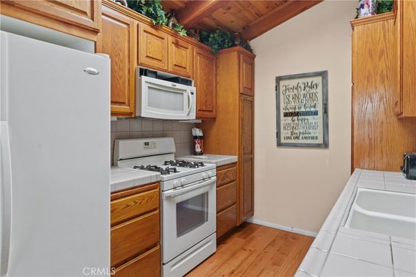 Interior, Kitchen, Tile Countertops, Wooden Beams, Wooden Ceilings, Wood Texture Flooring