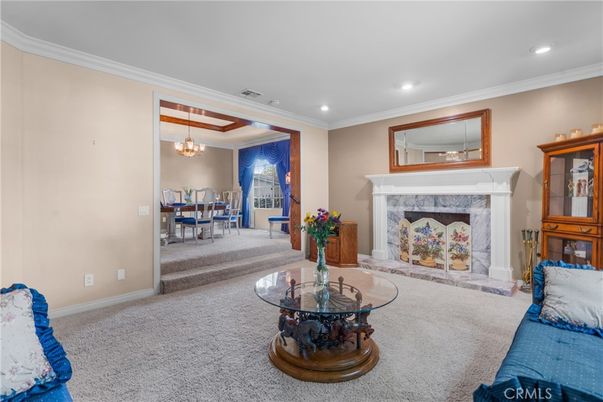 Chandelier, Dining room, Fireplace, Interior, Living room, Recessed Lighting