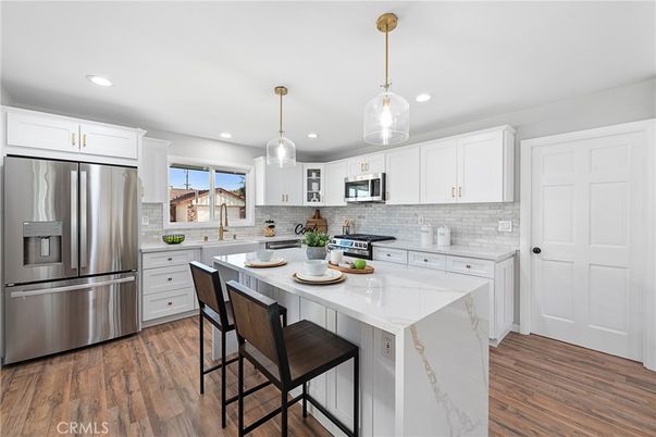 Interior, Kitchen, Pendant Lights, Recessed Lighting, Stainless Steel Appliances, Wood Texture Flooring