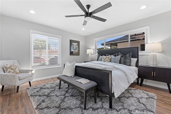 Bedroom, Interior, Recessed Lighting, Wood Texture Flooring