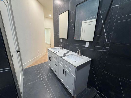 Bathroom, Dual Sink Vanities, Interior, Recessed Lighting, Wood Texture Flooring