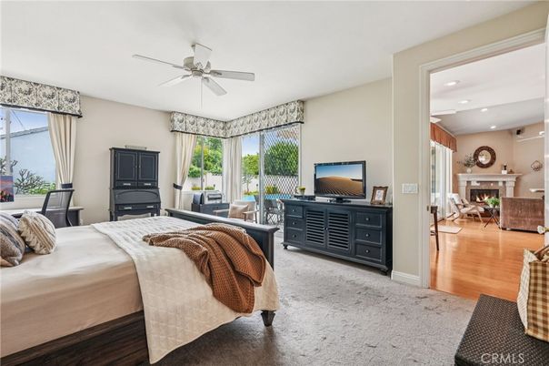 Bedroom, Fireplace, Interior, Recessed Lighting, Wood Texture Flooring