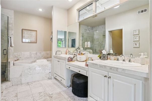Bathroom, Dual Sink Vanities, Glass Shower, Interior, Marble, Recessed Lighting, Tile Countertops