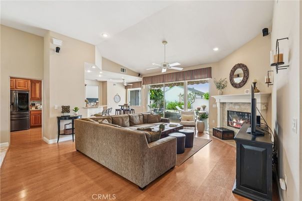 Dining room, Fireplace, Interior, Kitchen, Living room, Recessed Lighting, Wood Texture Flooring
