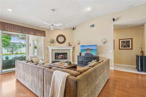 Fireplace, Interior, Living room, Recessed Lighting, Wood Texture Flooring