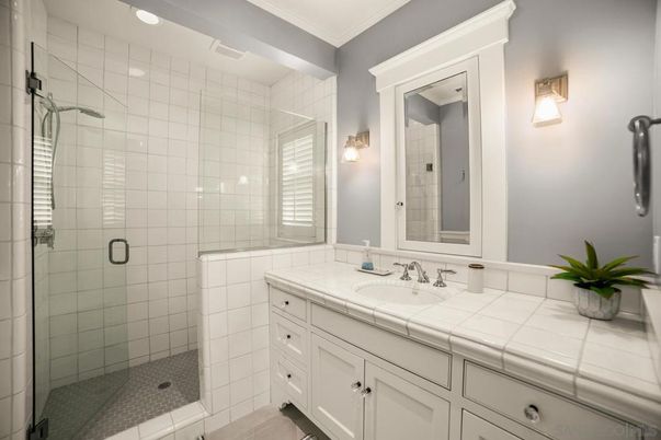 Bathroom, Glass Shower, Interior, Recessed Lighting, Tile Countertops