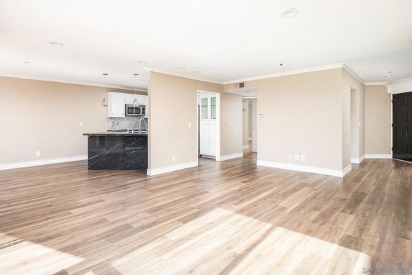 Empty room, Interior, Kitchen, Pendant Lights, Recessed Lighting, Wood Texture Flooring