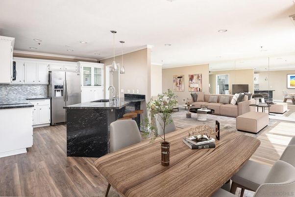 Dining room, Interior, Kitchen, Living room, Pendant Lights, Recessed Lighting, Stainless Steel Appliances, Wood Texture Flooring