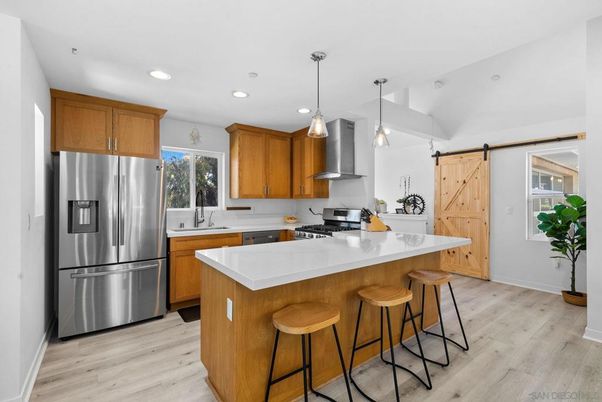 Interior, Kitchen, Pendant Lights, Recessed Lighting, Stainless Steel Appliances, Wood Texture Flooring