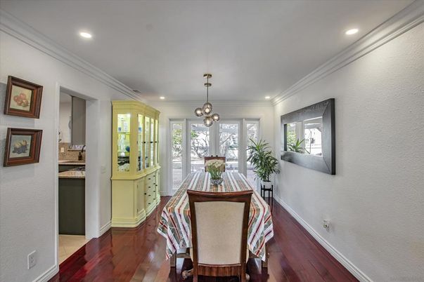 Dining room, Interior, Pendant Lights, Recessed Lighting, Wood Texture Flooring
