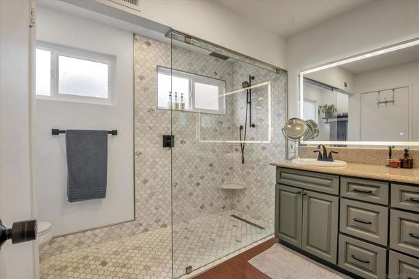 Bathroom, Glass Shower, Interior, Wood Texture Flooring