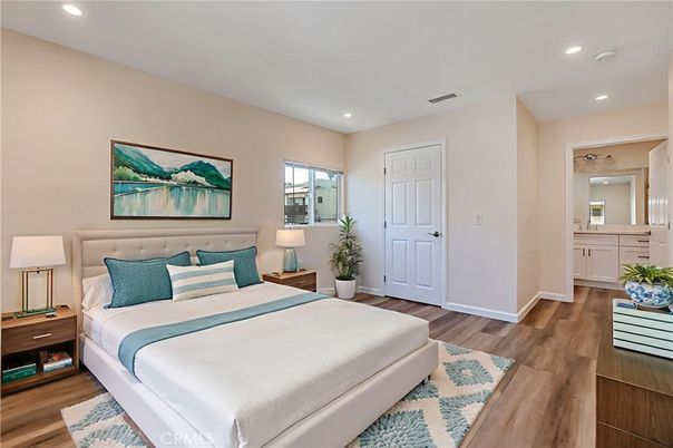 Bedroom, Interior, Recessed Lighting, Wood Texture Flooring