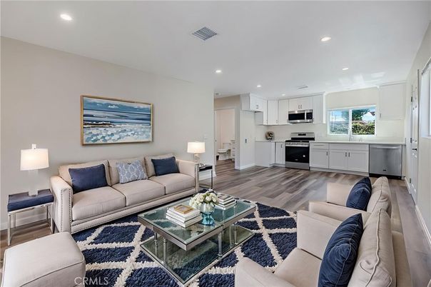 Interior, Kitchen, Living room, Recessed Lighting, Stainless Steel Appliances, Wood Texture Flooring