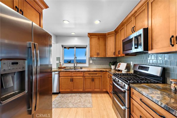 Interior, Kitchen, Recessed Lighting, Stainless Steel Appliances, Water, Wood Texture Flooring