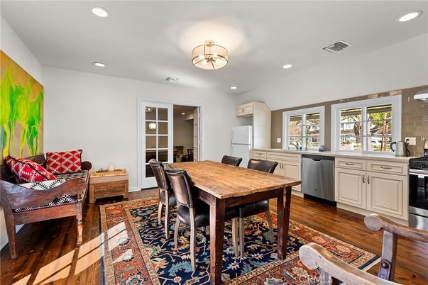 Dining room, Interior, Kitchen, Recessed Lighting, Wood Texture Flooring