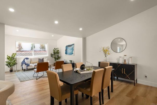 Dining room, Interior, Living room, Recessed Lighting, Wood Texture Flooring