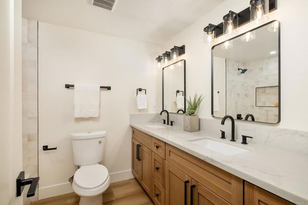 Bathroom, Dual Sink Vanities, Interior, Wood Texture Flooring