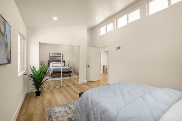 Bedroom, Interior, Recessed Lighting, Wood Texture Flooring