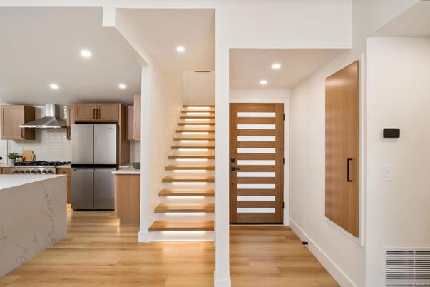 Interior, Kitchen, Recessed Lighting, Stainless Steel Appliances, Wood Texture Flooring