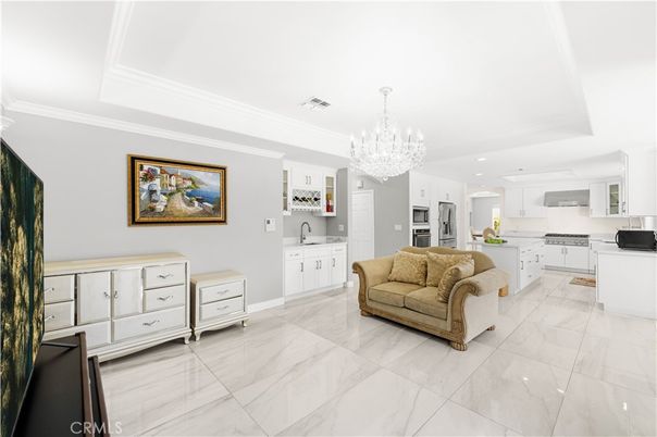 Chandelier, Interior, Kitchen, Marble, Recessed Lighting, Stainless Steel Appliances
