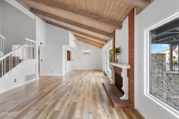 Chandelier, Empty room, Fireplace, Interior, Wooden Beams, Wooden Ceilings, Wood Texture Flooring