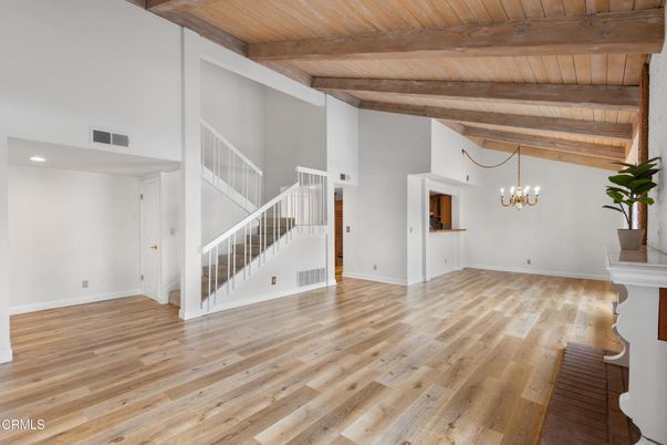 Chandelier, Empty room, Interior, Recessed Lighting, Wooden Beams, Wooden Ceilings, Wood Texture Flooring