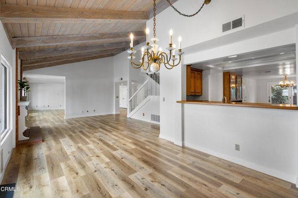 Chandelier, Empty room, Interior, Wooden Beams, Wooden Ceilings, Wood Texture Flooring