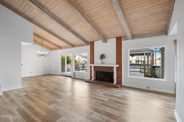 Chandelier, Empty room, Fireplace, Interior, Wooden Beams, Wooden Ceilings, Wood Texture Flooring