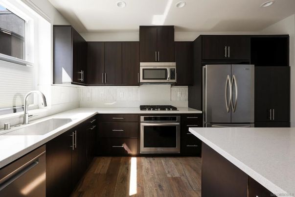 Interior, Kitchen, Recessed Lighting, Stainless Steel Appliances, Wood Texture Flooring