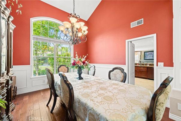 Chandelier, Dining room, Interior, Wood Texture Flooring