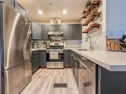 Interior, Kitchen, Recessed Lighting, Stainless Steel Appliances, Wood Texture Flooring