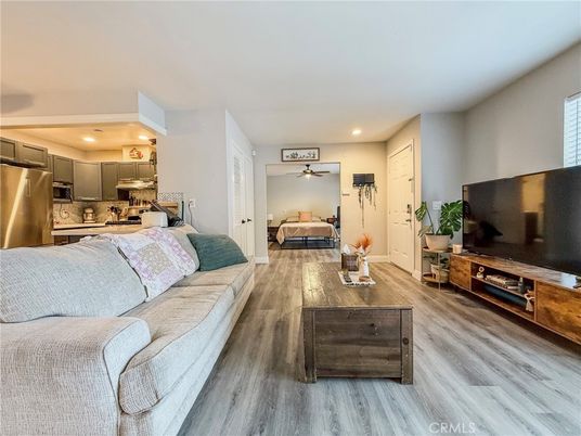 Bedroom, Interior, Kitchen, Living room, Recessed Lighting, Stainless Steel Appliances, Wood Texture Flooring