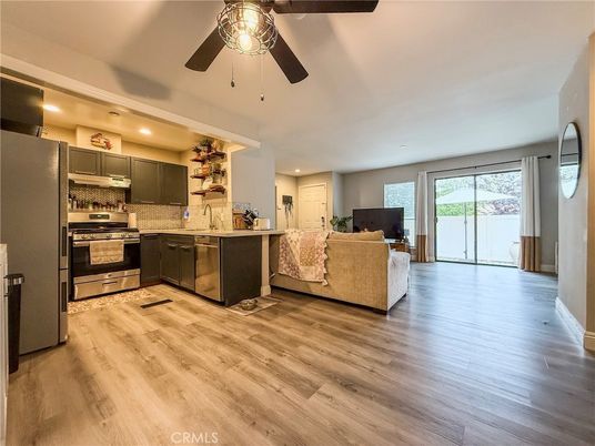 Interior, Kitchen, Living room, Recessed Lighting, Stainless Steel Appliances, Wood Texture Flooring