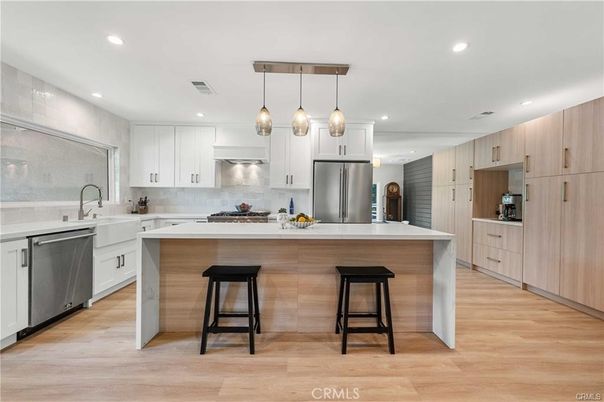 Interior, Kitchen, Pendant Lights, Recessed Lighting, Stainless Steel Appliances, Wood Texture Flooring