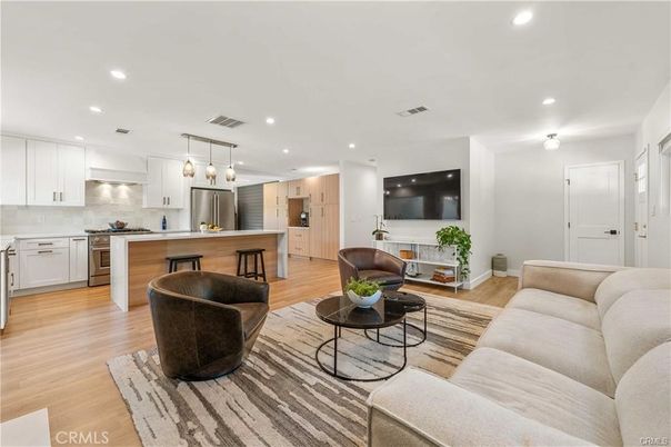 Interior, Kitchen, Living room, Pendant Lights, Recessed Lighting, Stainless Steel Appliances, Wood Texture Flooring