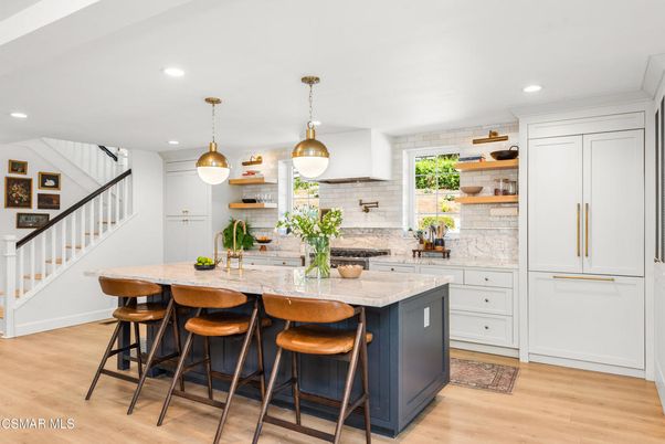 Interior, Kitchen, Pendant Lights, Recessed Lighting, Stone Walls, Wood Texture Flooring